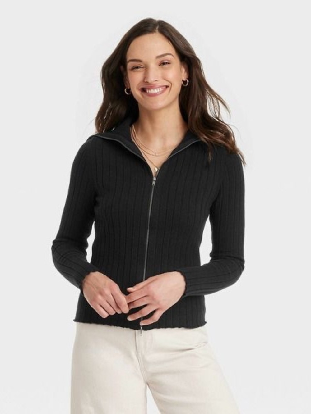 Universal Thread Black Ribbed Zip-Up Sweater